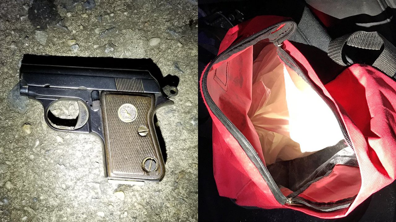 Photos of a gun and backpack