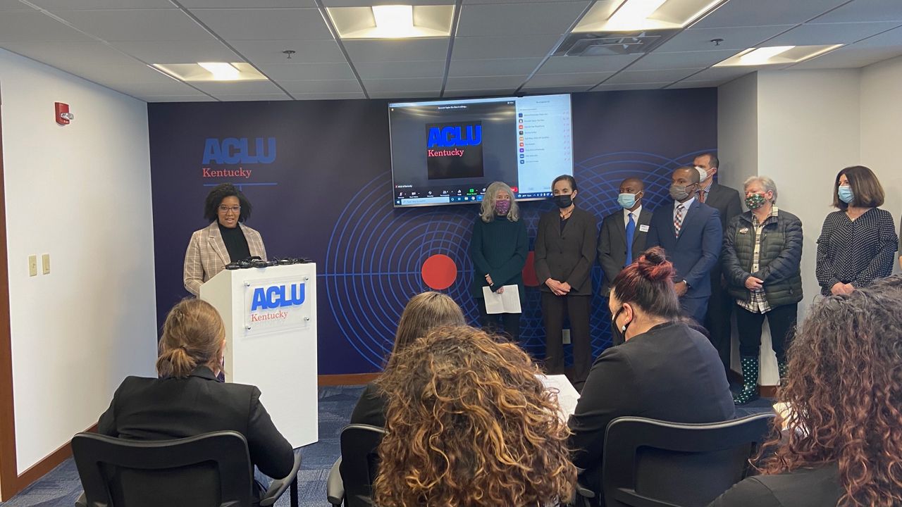 The ACLU of Kentucky and community organizations held a news conference about the Louisville Metro Department of Corrections Monday. (Spectrum News 1/Erin Kelly)