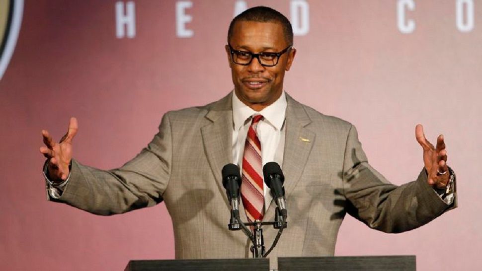 In this 2017 file photo, Willie Taggart gestures at his introductory press conference at Florida State.  (File photo)