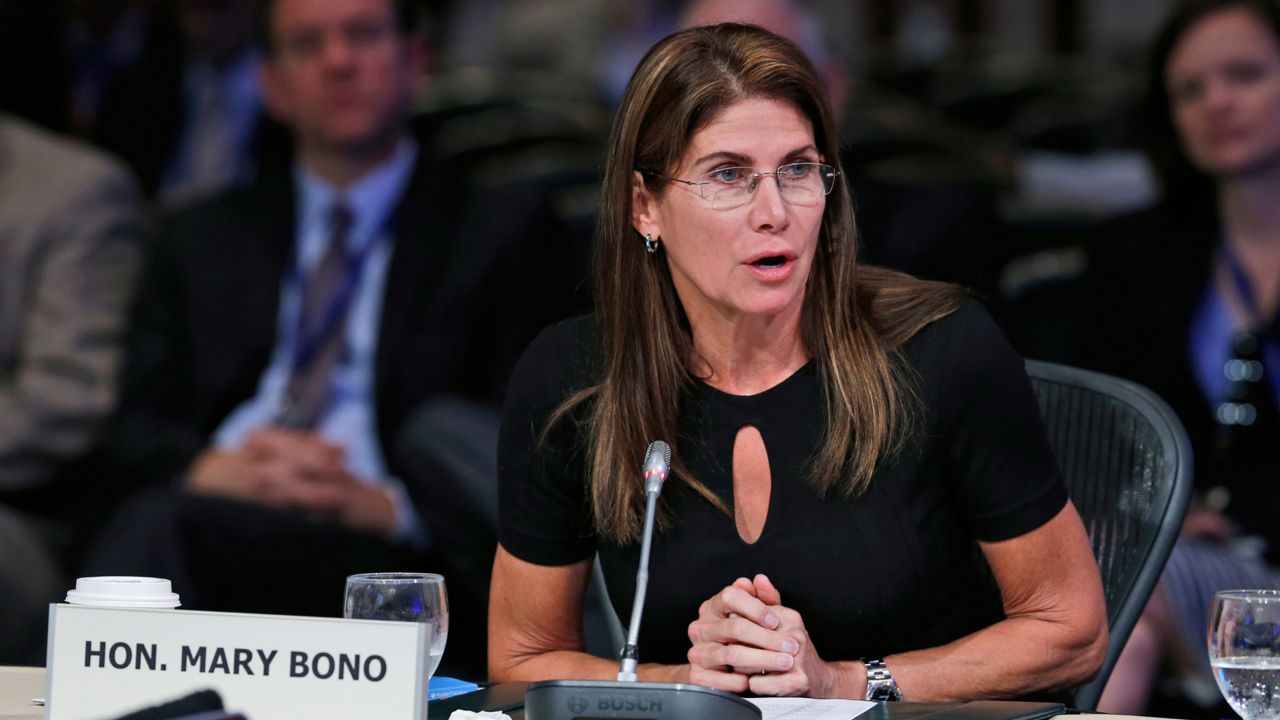 Congresswoman Mary Bono, R-Ca., speaks during a meeting of the Joint Committee Session on addressing the Nation's Opiod Crisis at the National Governors Association Summer meeting at the Greenbrier in White Sulphur Springs, W. Va., Saturday, July 25, 2015. (AP Photo/Steve Helber)