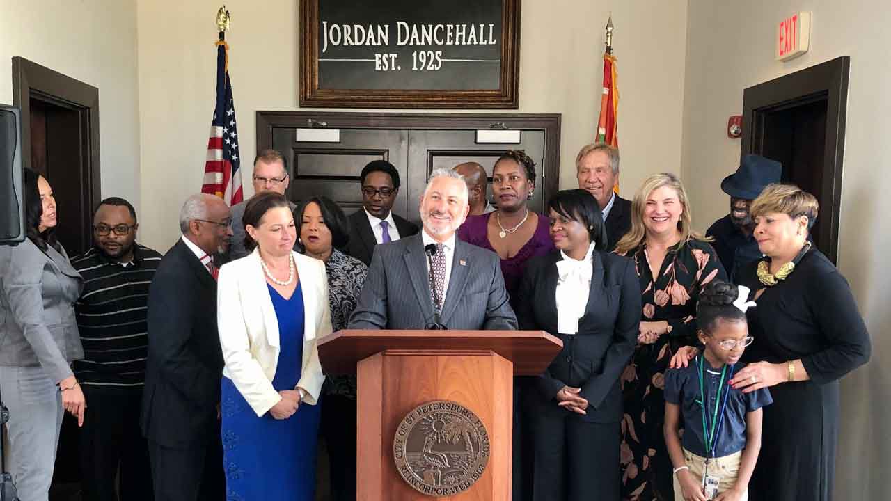 St. Petersburg Mayor Rick Kriseman announces plans for a $7.5 million economic redevelopment project centered on the "The Deuces" business district in South St. Petersburg called "The Deuces Rising." (Josh Rojas/Spectrum Bay News 9)