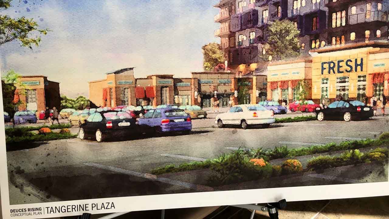 Conceptual rendering for redevelopment of Tangerine Plaza as part of "The Deuces Rising", the City of St. Petersburg's planned $7.5 million economic redevelopment project for the business district along 22nd Street S. (Josh Rojas/Spectrum Bay News 9)