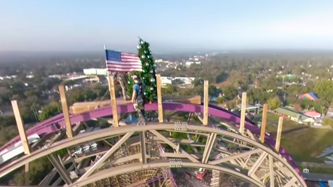 Busch Gardens Tampa Bay took Christmas decorating to another level by putting a Christmas tree on top of its upcoming Iron Gwazi coaster. (Courtesy of Busch Gardens Tampa Bay)