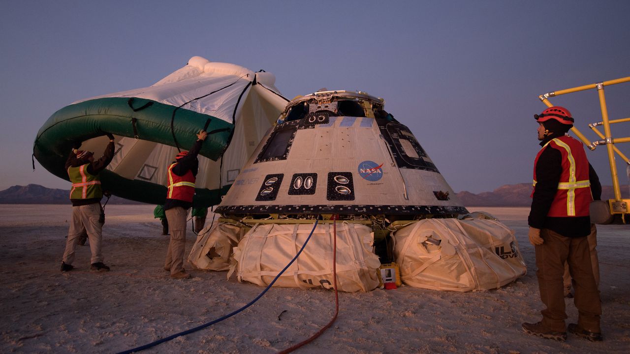 In this file photo from Dec. 22, 2019, Boeing's Starliner capsule is recovered in New Mexico after its first test flight. (NASA)