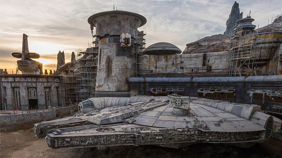 The first official photo of the Millennium Falcon inside Star Wars: Galaxy's Edge at Disneyland Resort. A similar land, which will include the iconic spaceship, is currently under construction at Disney World. (Courtesy of Disney Parks)