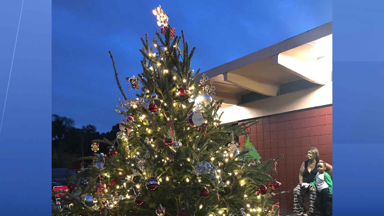 Top of the Christmas tree put up by the Tampa Housing Authority in a playground inside the Robles Park housing development. (Laurie Davison/Spectrum Bay News 9)
