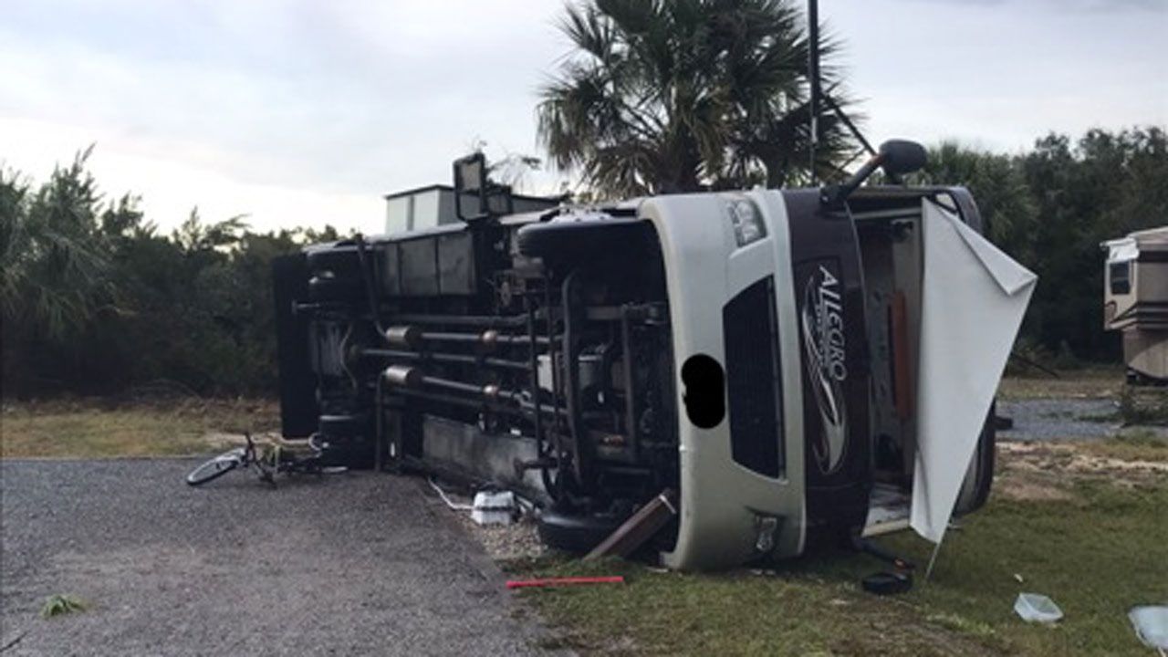 A camper on its side in Flagler Beach Saturday, knocked over by the storm. (Stephen Cox, Viewer)