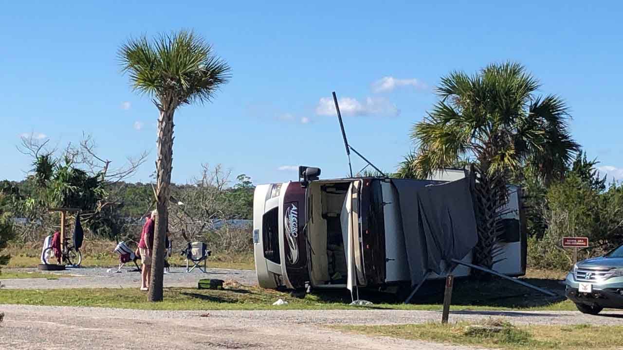 An RV in Gamble Rogers Memorial State Recreation Area in Flagler Beach turned over by severe weather. The winds also damaged trees and picnic benches in the park, and people sleeping in tents suffered minor injuries. (Vincent Early/Spectrum News 13)