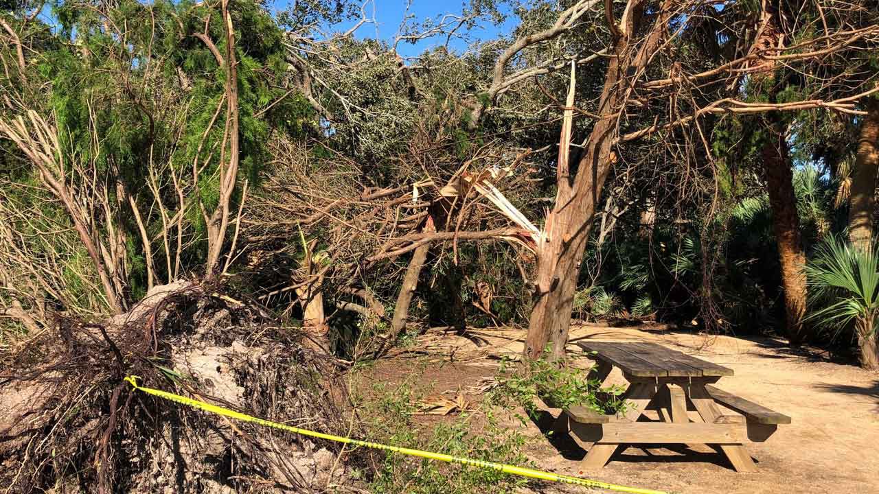 An RV in Gamble Rogers Memorial State Recreation Area in Flagler Beach turned over by severe weather. The winds also damaged trees and picnic benches in the park, and people sleeping in tents suffered minor injuries. (Vincent Early/Spectrum News 13)
