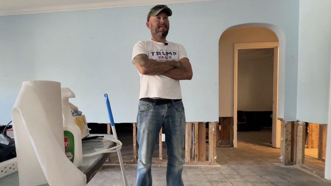 Doug Engle has lived in his St. Pete Beach home for four and a half years, but he has been living out of a trailer in his driveway since storm surge from Helene destroyed the inside of his home. (Spectrum Bay News 9/Jeff Van Sant)