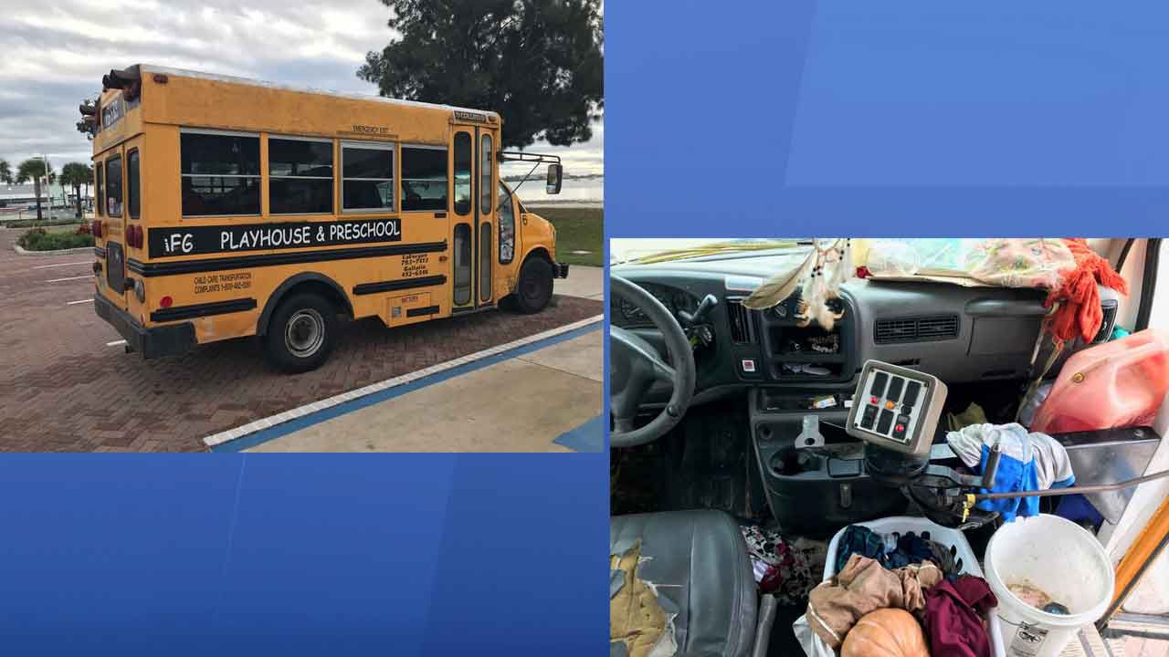 Left: Exterior of the mini-bus found parked in Gulfport with three young children left alone by their mother on board Friday night; Right: Driver and passenger area of the bus showing mounts of debris, bucket being used as makeshift toilet in passenger area. (Courtesy: Gulfport Police)