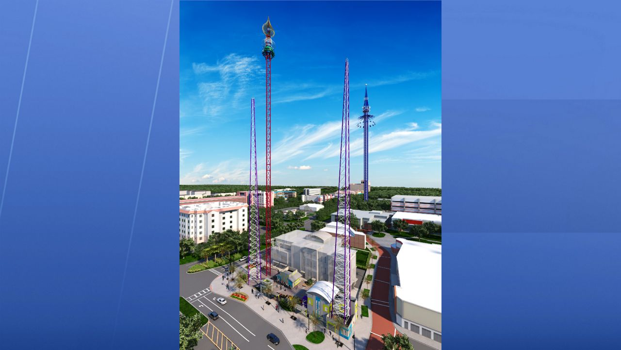 The Slingshot and Drop Tower are seen with the Starflyer on the right in the background in this computer rendering provided by the Slingshot Group of Companies. (Handout rendering)