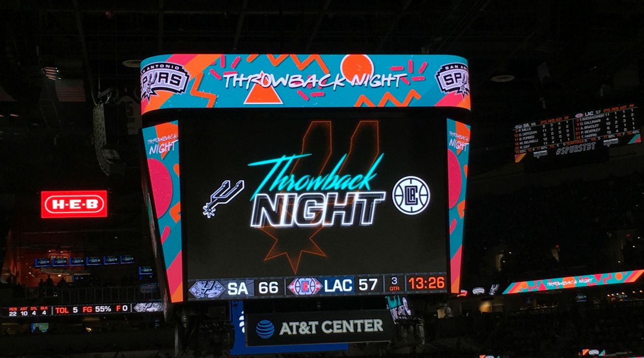 AT&T Center big board during San Antonio Spurs versus Los Angeles Clippers on "Throwback Night" December 13, 2018 (Spectrum News)