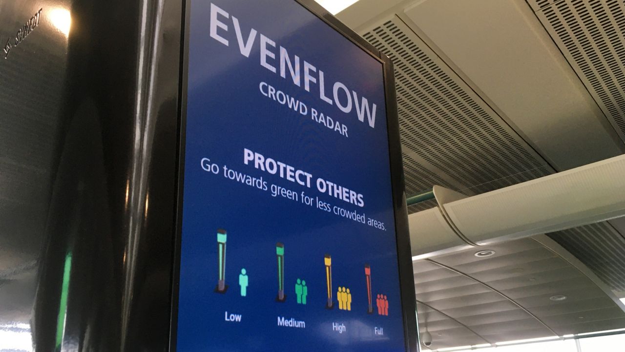 The Evenflow Crowd Radar system has been in place at Southwest gates 101 through 109 since November 20 and will be there for another 7 months. (Arnie Girard/Spectrum News 13)