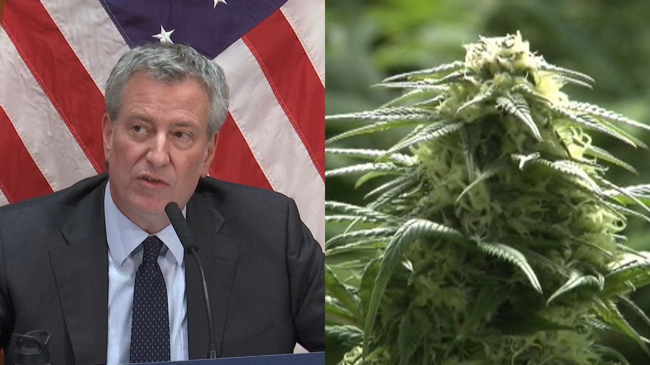 From left to right: New York City Mayor Bill de Blasio, wearing a black suit jacket, a sky blue dress shirt, and a navy blue tie, sits in front of an American flag; weed