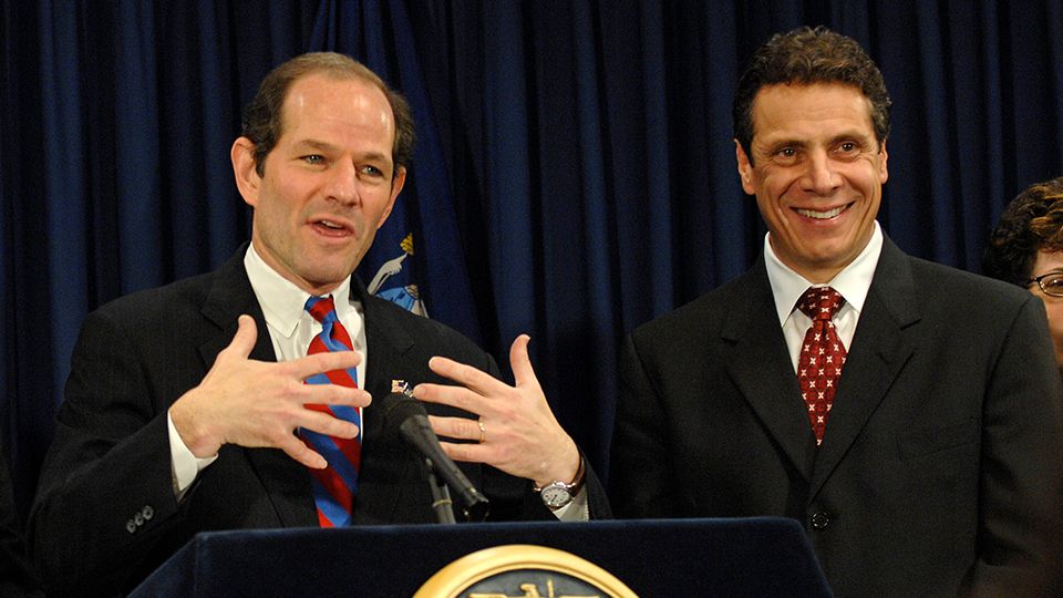 New York Attorney General Andrew Cuomo, right, and New York Gov. Eliot Spitzer address the media at the Governor's New York office, Thursday, Nov. 8, 2007.