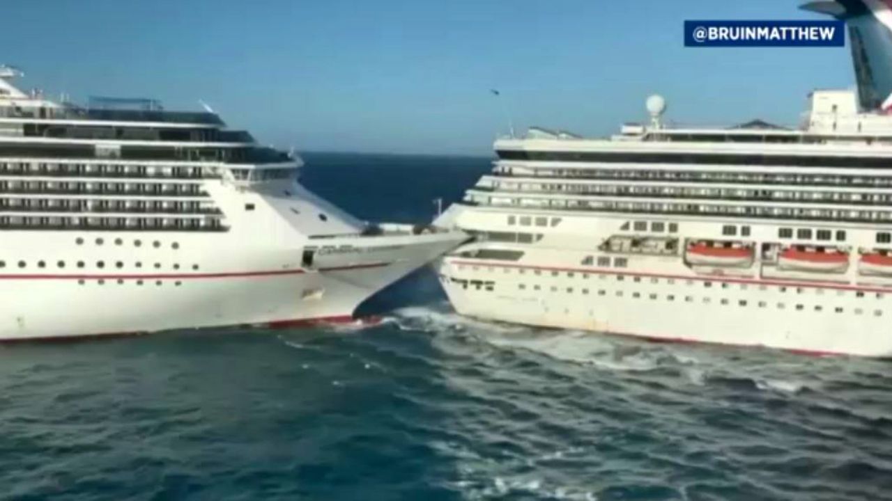 One of several videos posted to social media Friday morning shows the allision of Carnival cruise ships Glory and Legend in Cozumel, Mexico. (Used with permission from @BruinMatthew on Twitter)