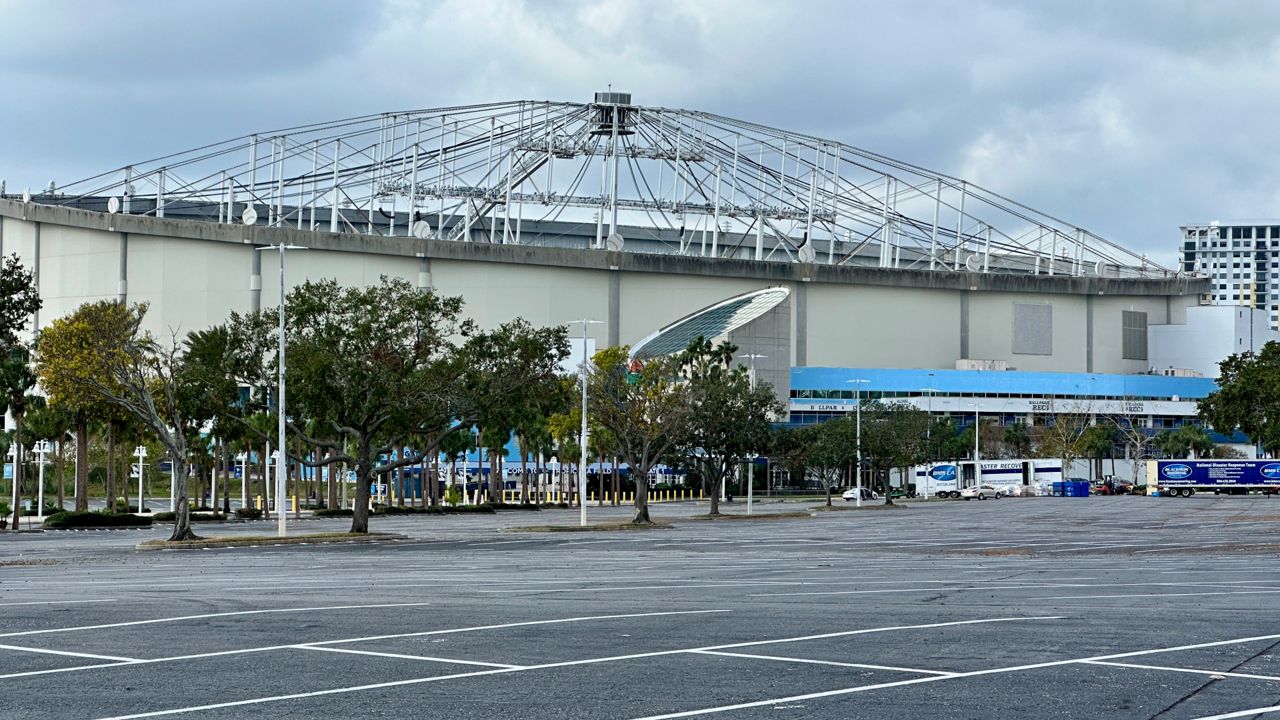 A look at Tropicana Field, and it's heavily damaged roof after Hurricane Milton. (Spectrum Bay News 9/Josh Rojas)