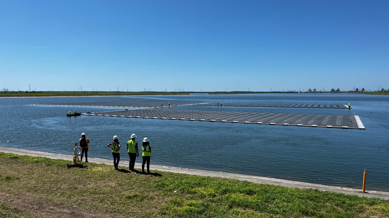 A total of 1,872 of solar panels are connected and anchored down, right in the middle of Duke Energy's cooling pond. (Spectrum News)