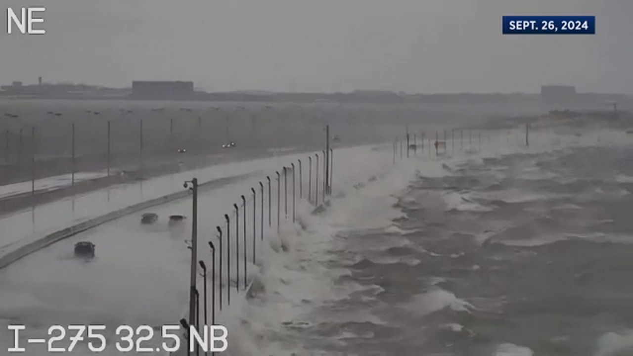 Waves crash against the Howard Frankland Bridge during Hurricane Helene in September.