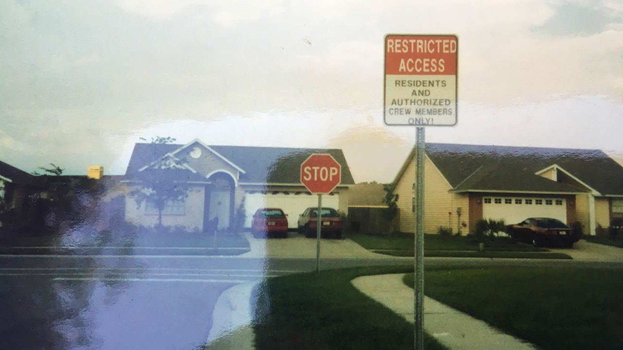 The Carpenters Run neighborhood of Lutz, Florida 30 years ago was the site of principal filming for "Edward Scissorhands." A sign in the subdivision at the time restricts access to the street. (Courtesy of Greg Holmes)