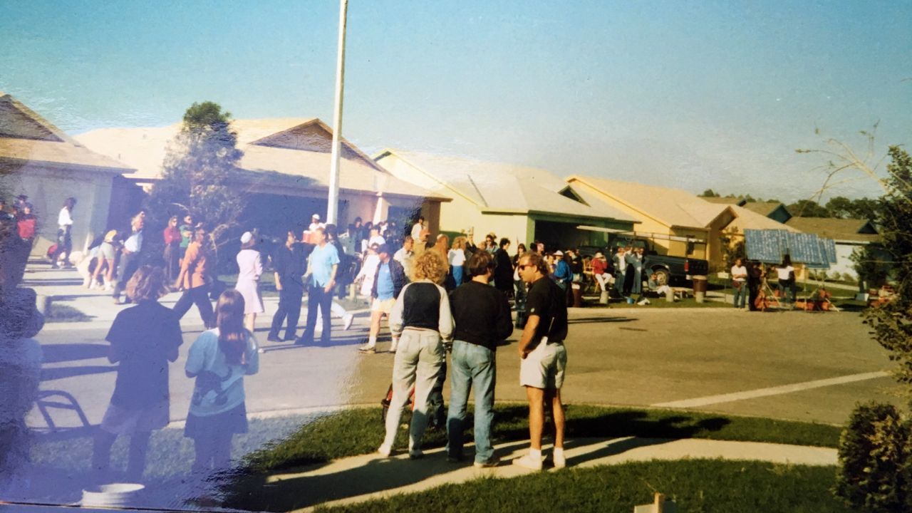 People gather in the Carpenters Run neighborhood of Lutz, Florida 30 years ago, where principal filming for "Edward Scissorhands" took place. (Courtesy of Greg Holmes)