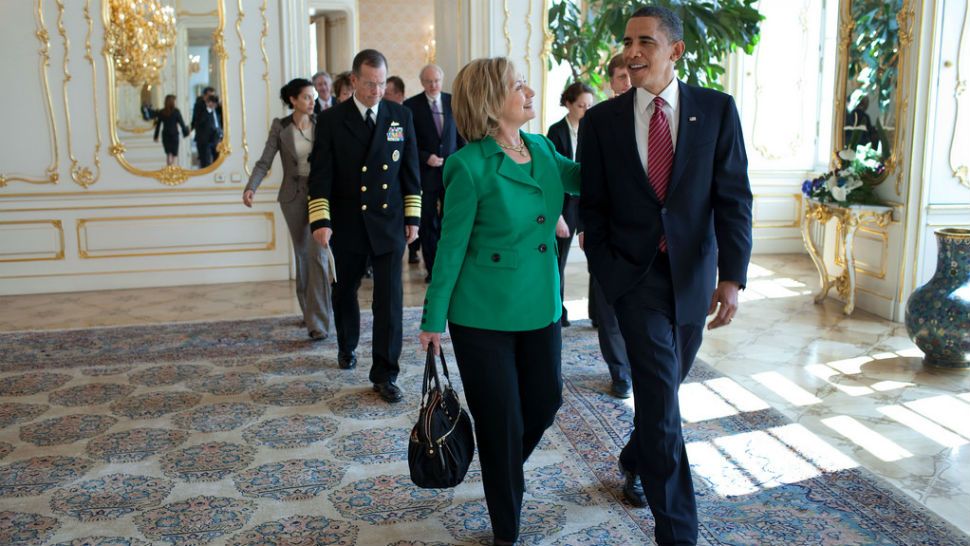 President Barack Obama talks with Secretary of State Hillary Rodham Clinton following the expanded delegation bilateral meeting with President Dmitry Medvedev of Russia at Prague Castle in Prague, Czech Republic, April 8, 2010. (Official White House Photo by Pete Souza)