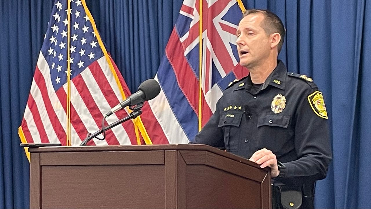 Honolulu Police Department Capt. James Slayter urged the public to report illegal fireworks use at a news conference on Thursday. (Spectrum News/Michael Tsai)