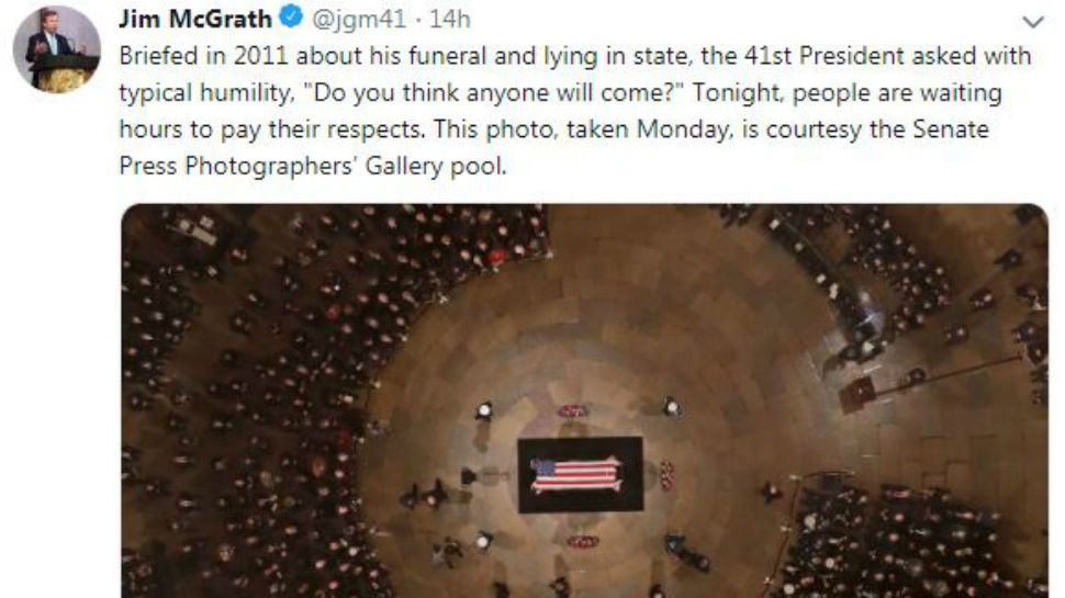 A Tweet from Bush family spokesperson Jim McGrath as former President George H.W. Bush lies in state with a crowd paying their respects. (Photo Credit: Jim McGrath @jgm41)