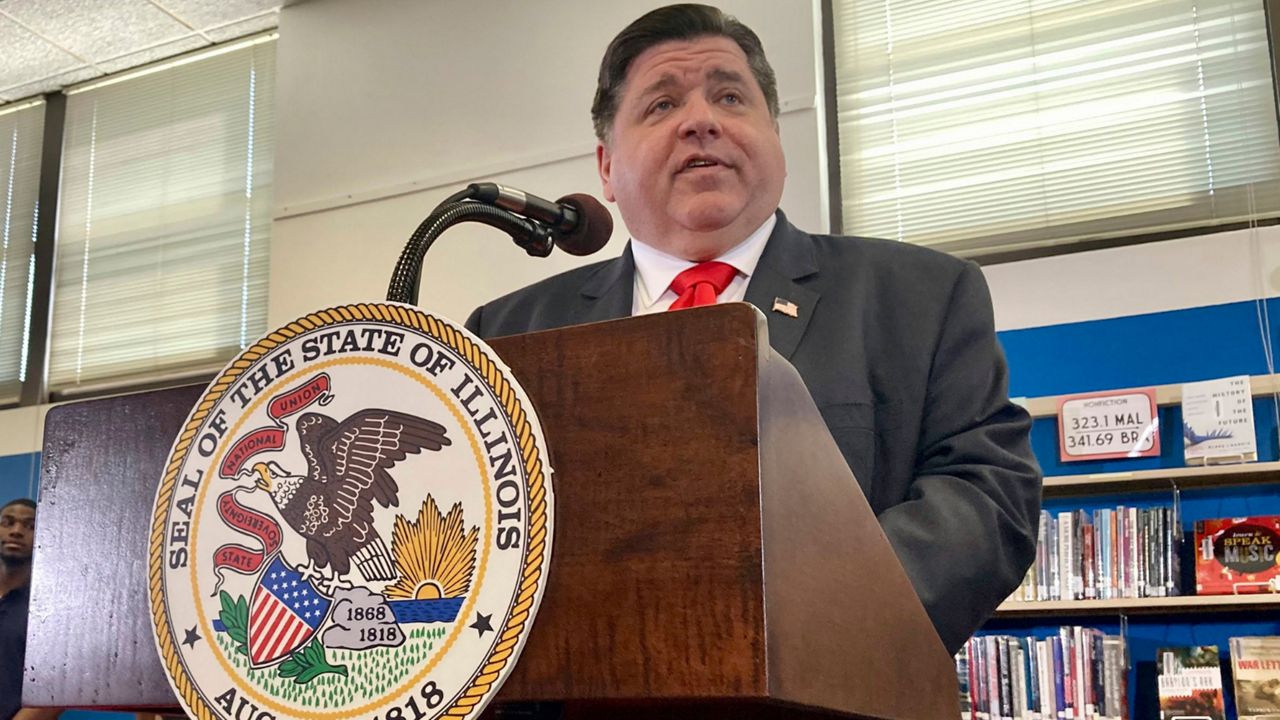 Illinois Gov. J.B. Pritzker speaks at Springfield High School in Springfield, Ill., April 27, 2022. Pritzker, along with the Democratic Governors Association, has spent millions trying to ensure Richard Irvin isn’t the GOP nominee.(AP Photo/John O'Connor, File)