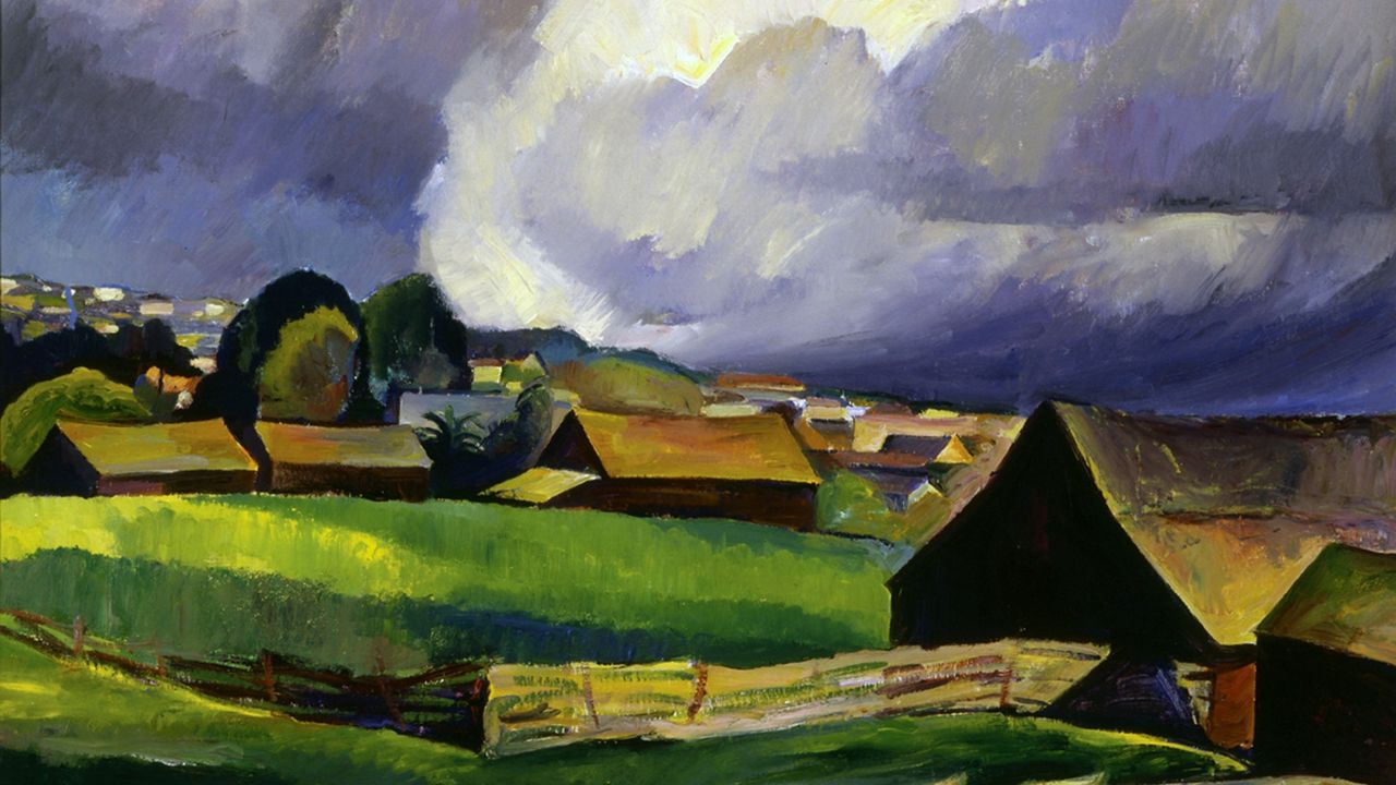"Barns on Cass Street" oil painting by Margaret Bruton, now on display at the UCI Langson Institute and Museum of California Art. (Photo courtesy of Bruton Family Archive/Barbara Carroll)