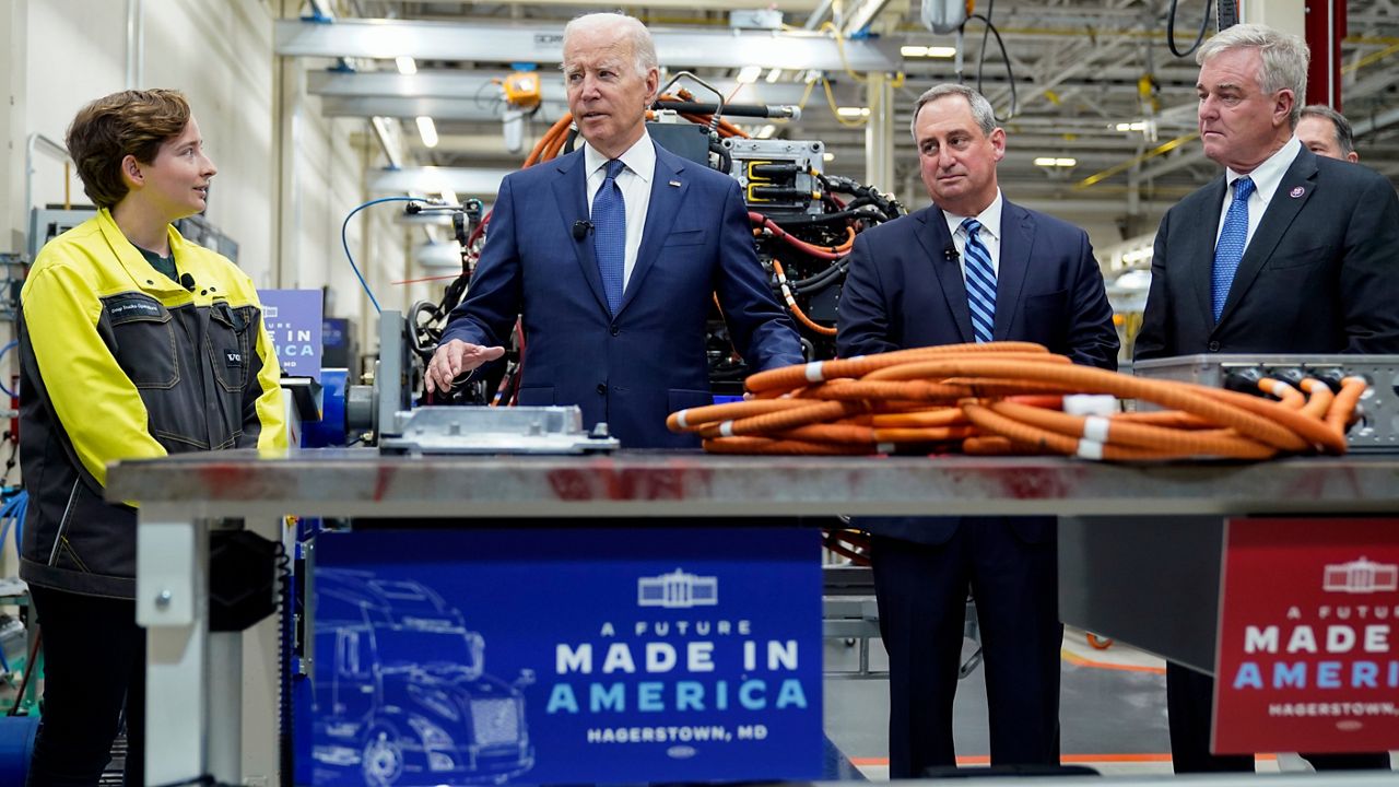 President Joe Biden speaks during a tour of the Volvo Group Powertrain Operations in Hagerstown, Md., Friday, Oct. 7, 2022. (AP Photo/Manuel Balce Ceneta)