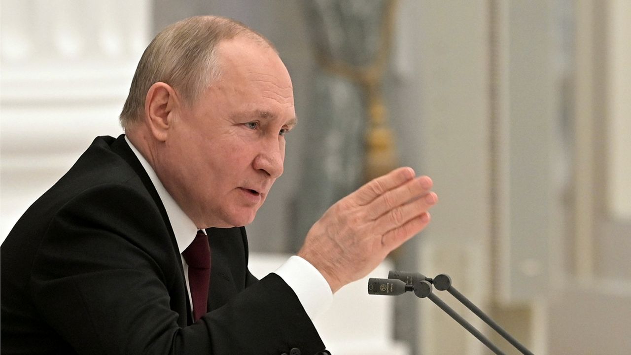 Russian President Vladimir Putin speaks during a Security Council meeting in the Kremlin in Moscow, Russia, Monday, Feb. 21, 2022. (Alexei Nikolsky, Sputnik, Kremlin Pool Photo via AP)