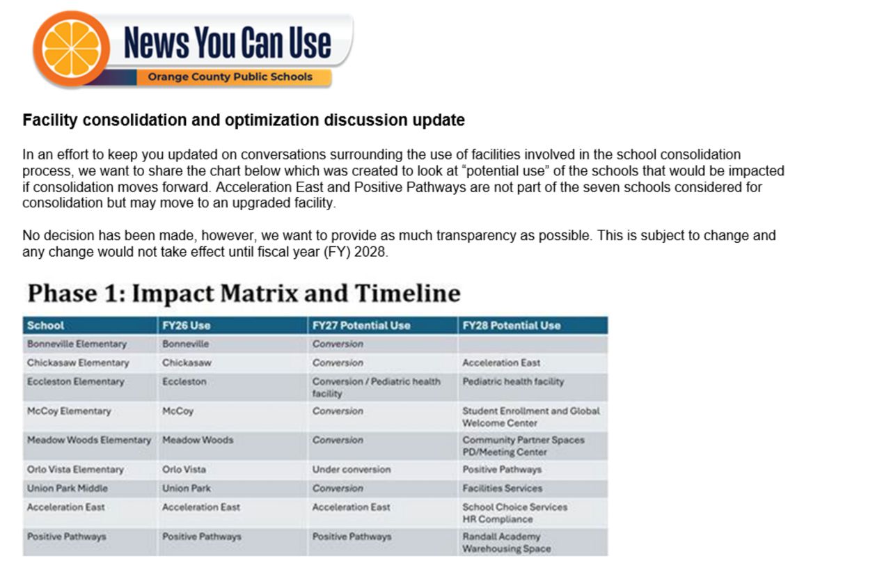 Orange County Public Schools unveils consolidation plan that may lead to school closures