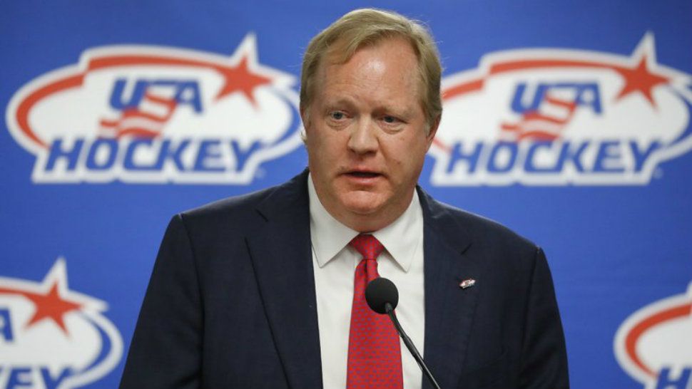 This Aug. 4, 2017 file photo shows Jim Johannson speaking during a news conference in Plymouth, Mich. Johannson, the general manager of the U.S. Olympic men’s hockey team, has died just a couple weeks before the start of the Pyeongchang Games, Sunday, Jan. 21, 2018  (AP Photo/Paul Sancya)
