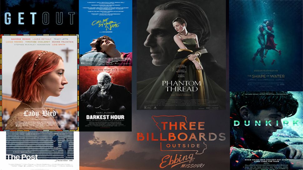 Posters for the nine "Best Picture" Oscar nominees, including "Call Me By Your Name", "Darkest Hour", "Dunkirk", "Get Out", "Lady Bird", "Phantom Thread", "The Post", "The Shape of Water", and "Three Billboards Outside Elling, Missouri."