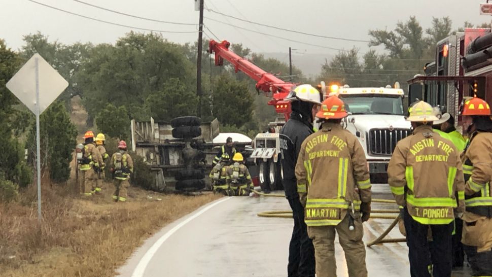 Photo of the scene where a tanker truck rolled over. (Spectrum News Photograph | Will Sherratt)