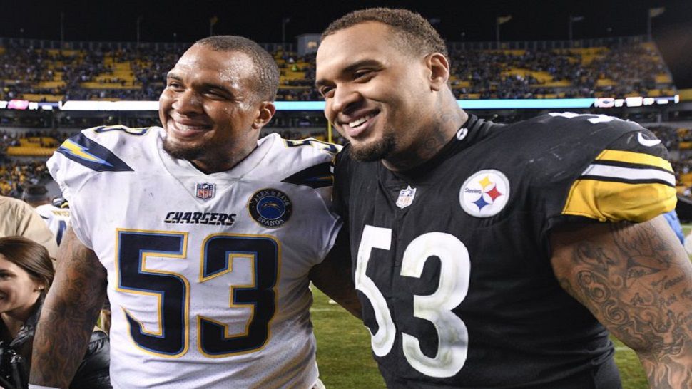 In this 2018 file photo, Pittsburgh Steelers center Maurkice Pouncey, right, and his brother, Los Angeles Chargers center Mike Pouncey pose after playing against each other in Pittsburgh. The twin brothers announced their retirement from professional football on Friday. (AP Photo/Don Wright, File)