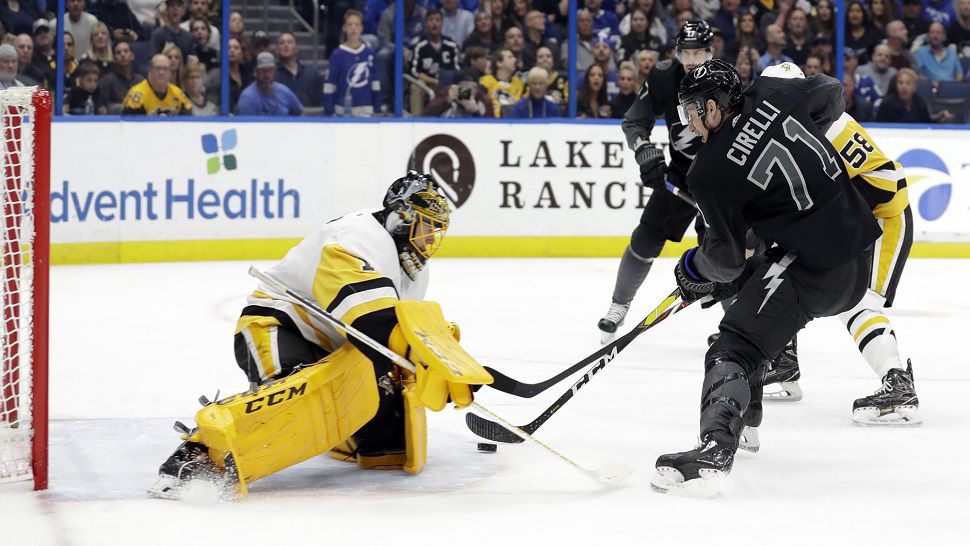 Tampa Bay Lightning forward Anthony Cirelli (71) beats Penguins goaltender Casey DeSmith with some fancy stick work to score his 10th goal of the season, a short-handed tally that gave the Bolts a 3-1 lead.  (AP Photo/Chris O'Meara)