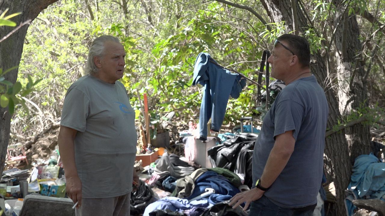 homeless men in an encampment