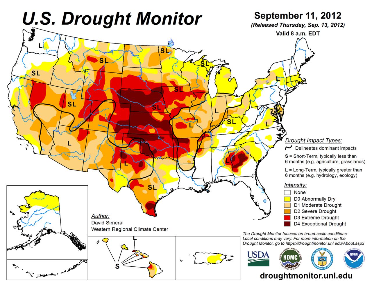U.S. Drought Monitor in Sept. 2012, showing most of the central Great Plains under an extreme to exceptional drought.