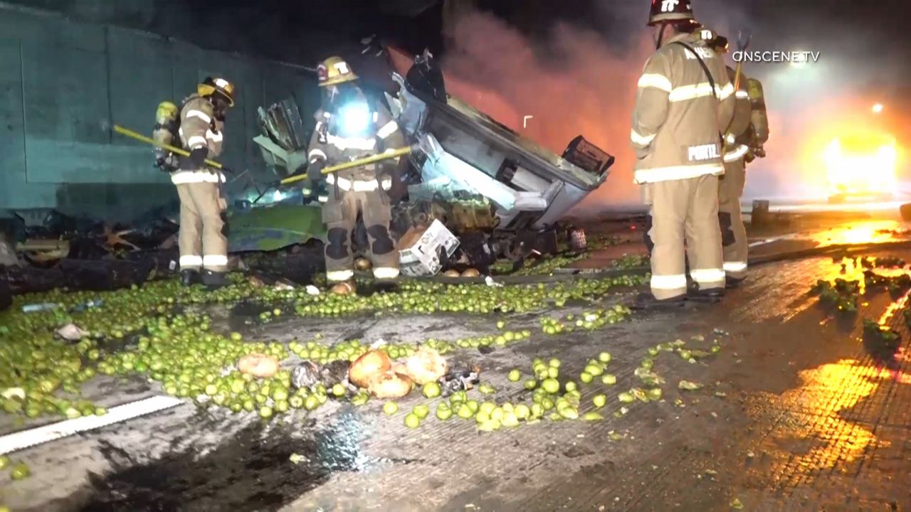 Limes scattered across Interstate 5 in Anaheim after a fiery tractor-trailer crash just after midnight on Friday, September 13, 2019. (Spectrum News)