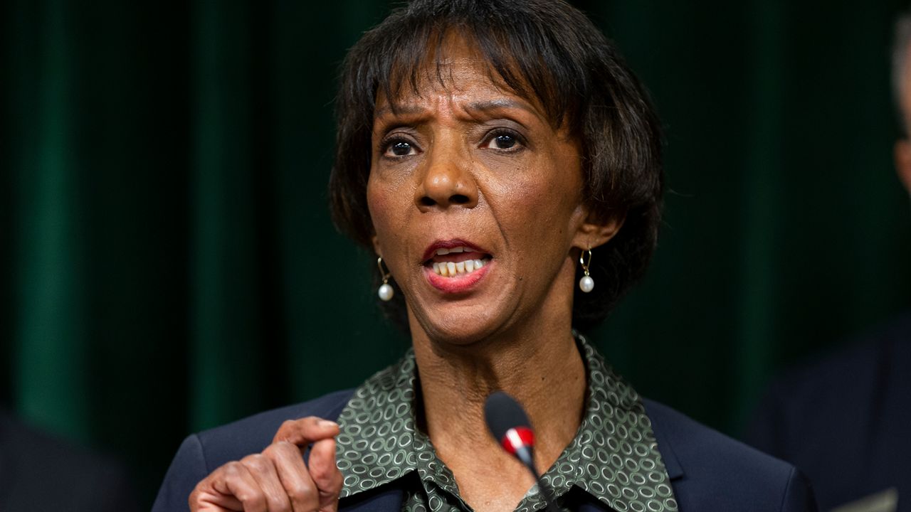 In this file photo from Jan.6, 2020, Los Angeles County District Attorney Jackie Lacey talks during a news conference at the Hall of Justice in Los Angeles. Black Lives Matter protesters say the husband of the Los Angeles County district attorney pointed a gun at them on March 2, 2020, as they demanded a meeting with her at her home the day before a primary election for her seat. (AP Photo/Damian Dovarganes)