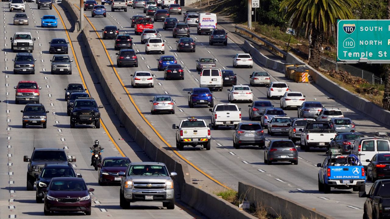 This April 16, 2020, file photo shows traffic on the Hollywood Freeway (U.S. 101) in Los Angeles. (AP Photo/Mark J. Terrill, File)