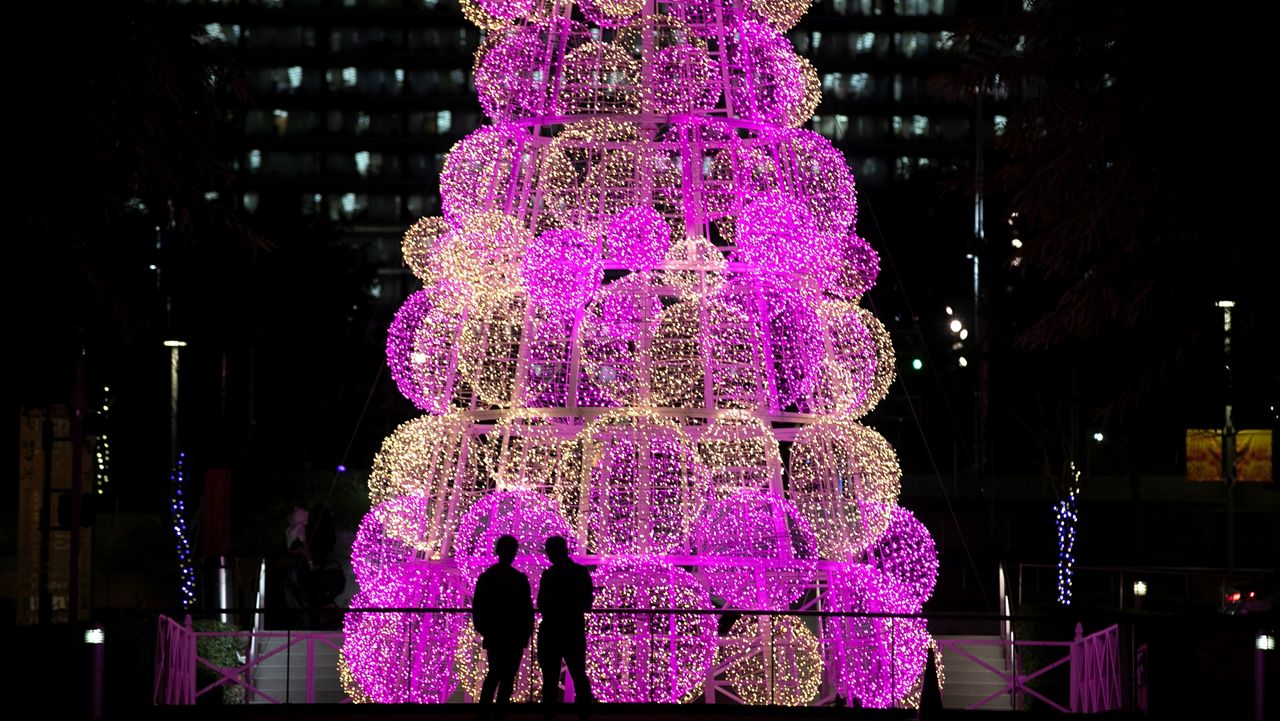 Two people stand in front of a 45-foot-tall Christmas tree at Grand Park on Dec. 17, 2018, in Los Angeles. The tree was part of the Winter Glow light installations at the park created to celebrate the holiday season. (AP Photo/Jae C. Hong)
