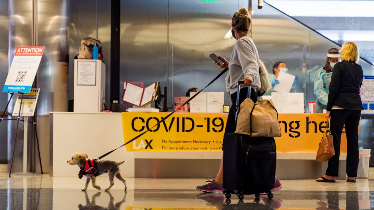 Travelers inquire about COVID-19 tests at Los Angeles International Airport Wednesday, Nov. 25, 2020. (AP/Damian Dovarganes)