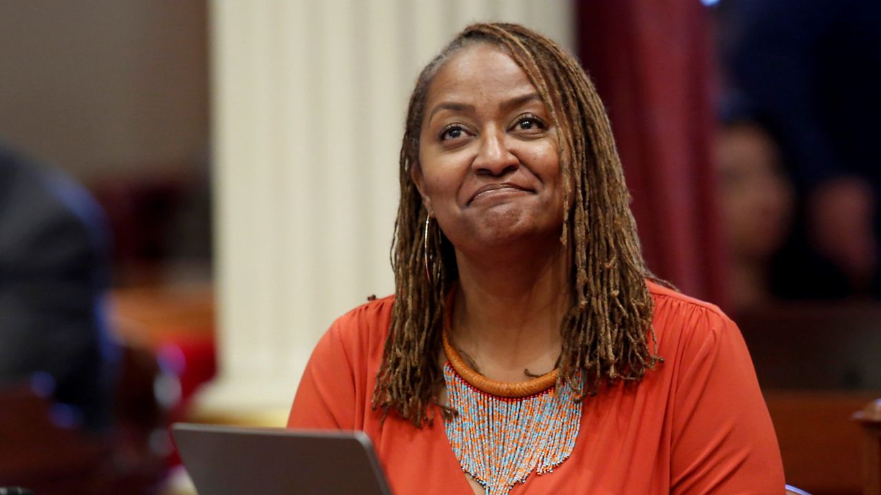 This July 8, 2019 file photo shows state Sen. Holly Mitchell, D-Los Angeles, in Sacramento in the Senate chamber. Mitchell was sworn-in to the Los Angeles County Board of Supervisors Sunday. (AP Photo/Rich Pedroncelli, File)