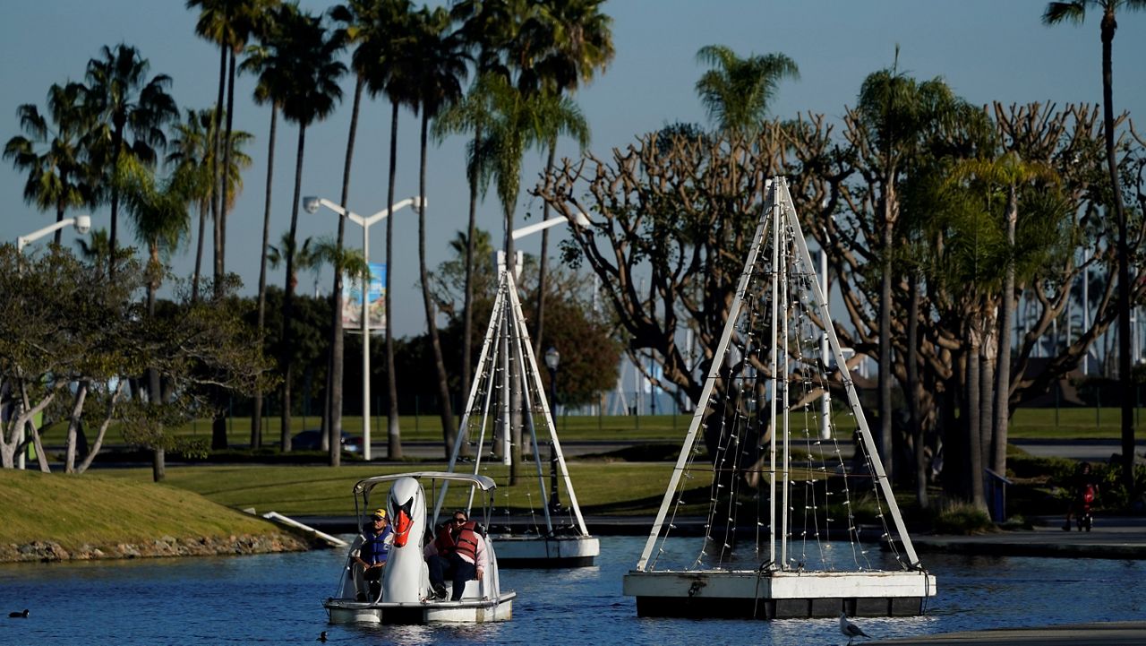 People ride swan-shaped paddle boats past floating wooden Christmas trees Saturday, Dec 26, 2020, in Long Beach, Calif. (AP Photo/Ashley Landis)