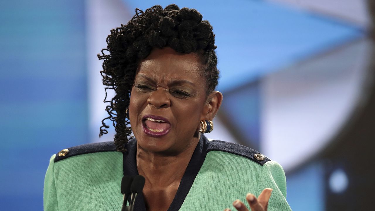 Rep. Gwen Moore, D-WI., speaks during the Democratic National Convention at the Wisconsin Center on August 17, 2020 in Milwaukee, Wisconsin. (Scott Olson/Pool via AP)