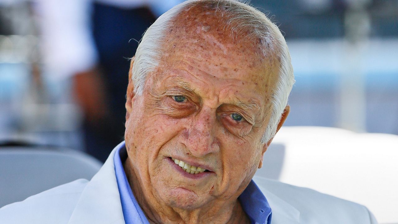 Los Angeles Dodgers former manager and Hall of Famer Tommy Lasorda attends a news conference where Baseball Commissioner Rob Manfred announced that Dodger Stadium will host the All-Star Game in 2020, in Los Angeles, in this Wednesday, April 11, 2018, file photo. The Dodgers said Sunday, Nov. 15, 2020, that their 93-year-old former manager was in intensive care and resting comfortably at a hospital in Orange County, Calif. (AP Photo/Damian Dovarganes)